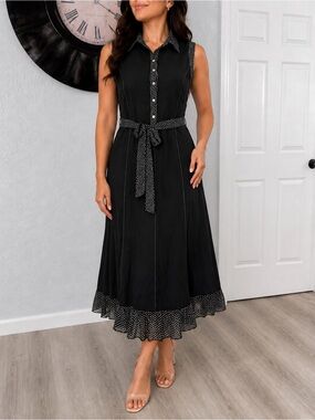 Black Polka Dot Trim Sleeveless Midi Dress Tie Waist Ruffle Hem